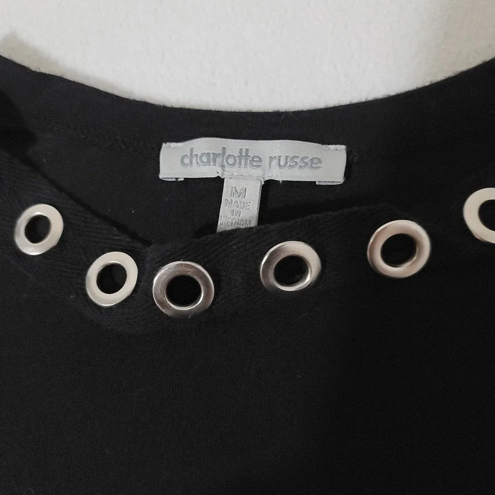 M Charlotte Russe grommet collar cut out tee short sleeve v tail black goth - Picture 9 of 10